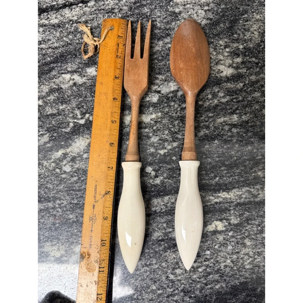 Vintage Wooden Salad Serving Set Ceramic Handles Folk Art Floral Coffee Pot 11